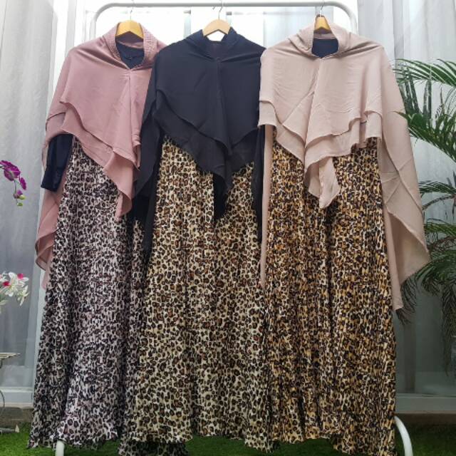 CERUTTU LEONA FULL KELILING PLISKET LEOPARD SET KHIMAR CERITY 2 LAYER INNER JERSEY GAMIS SYARI