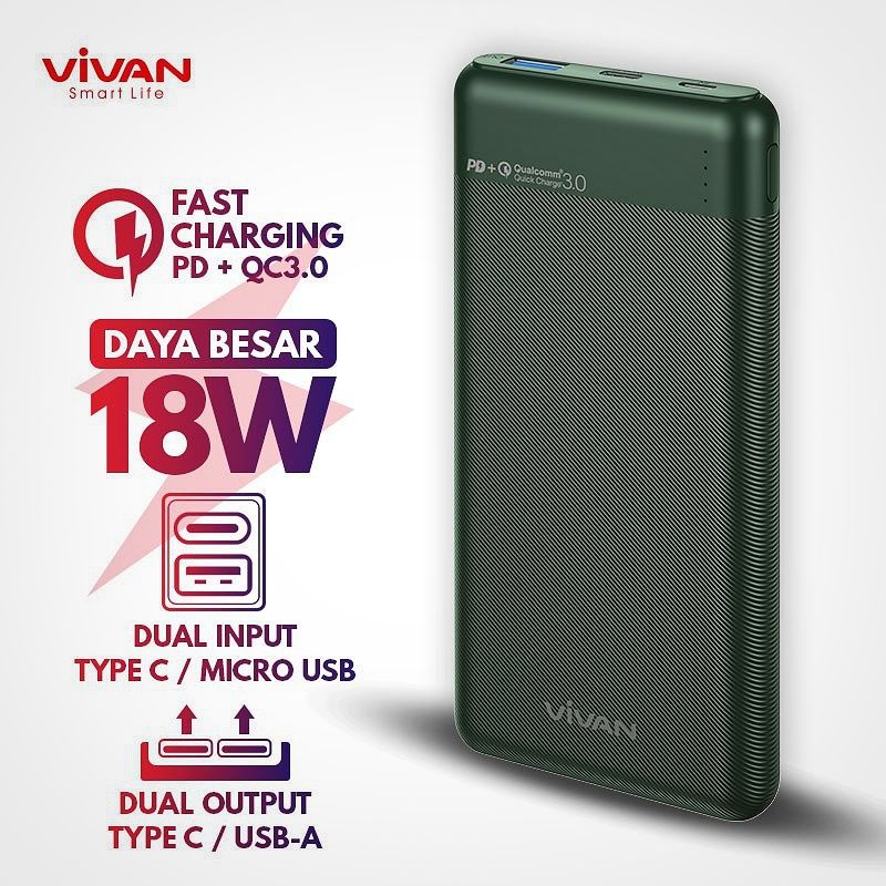 (VIVAN PBM10) Powerbank 10.000 mAh 18W PD Fast Charging 3A Dual-Way Type C/Micro Quick Charge