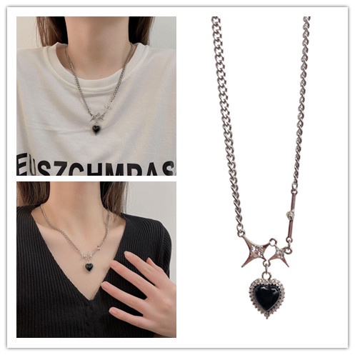 Kalung Rantai Klavikula Liontin Hati Bintang Warna Hitam Gaya punk hip Hop Untuk unisex