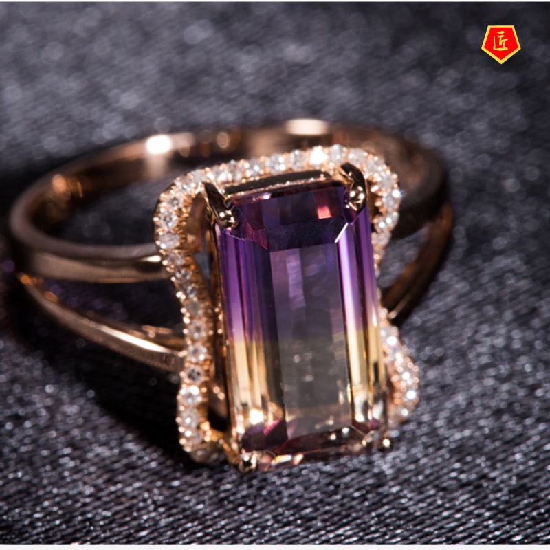 [Ready Stock]Ametrine Tourmaline Colored Gems Women's Ring 18K Rose Gold Elegant Fashion