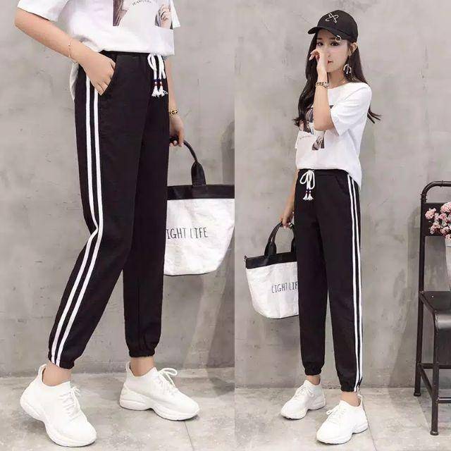 Joger pant wanita celana panjang wanita strip jogger korea scuba