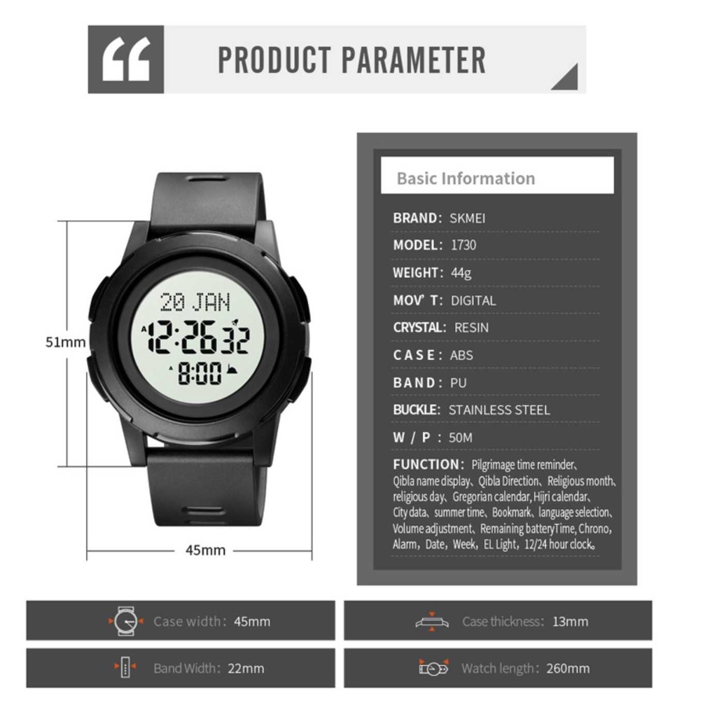 IDN - SKMEI Jam Tangan Digital Pria Muslim Qibla - 1730