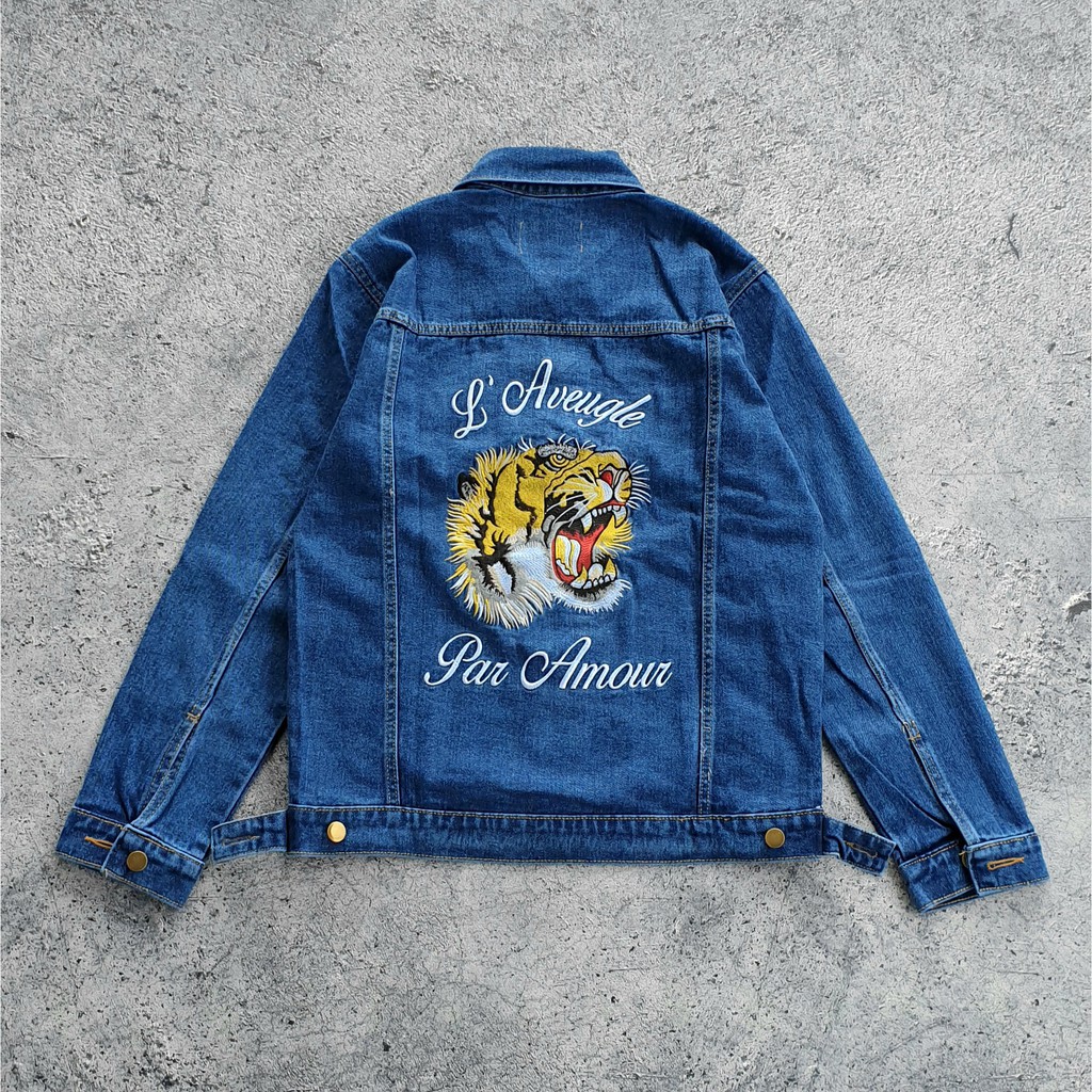 DENIM JAKET TRUCKER GUCCI TIGER PAR AMOUR EMBROIDERY BLUE MIRROR ORIGINAL MURAH |JAKET JEANS|