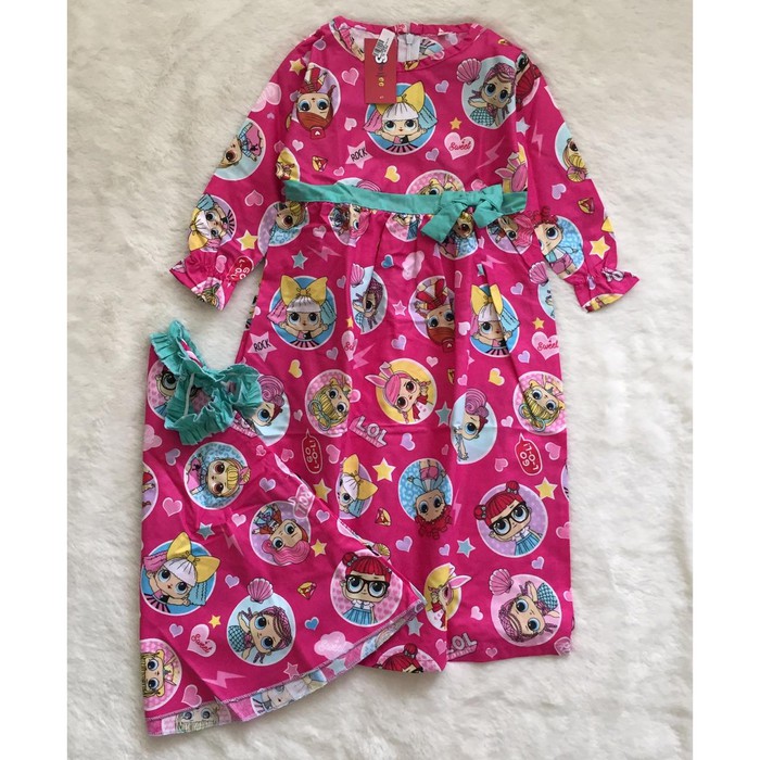 gamis katun kerudung anak motif lol pink fanta gamis modern DA0095