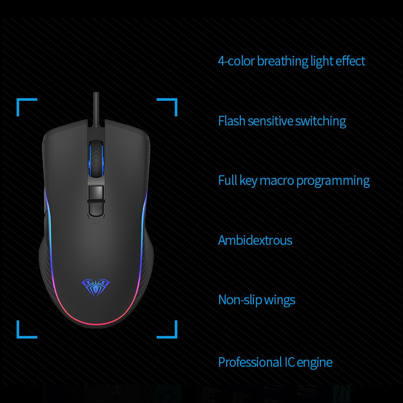 Mouse Gaming AULA F806–2400DPI-RGB Backlight-Macro-7 Buttons