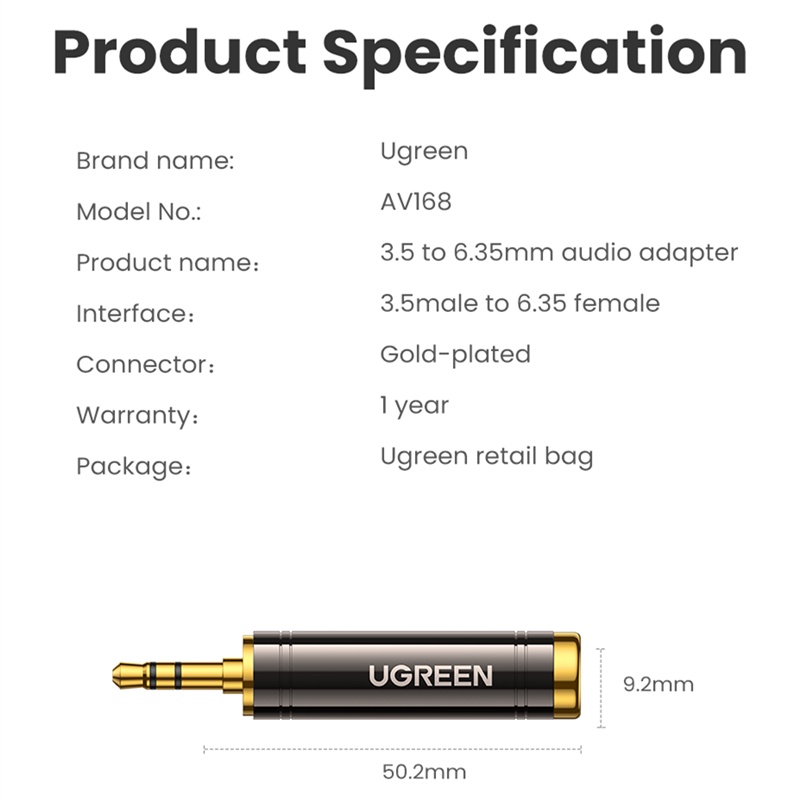 Ugreen Adapter Konektor Audio Mono 3.5mm Ke 6.35mm 1 / 4 Bahan Tembaga Lapis Emas