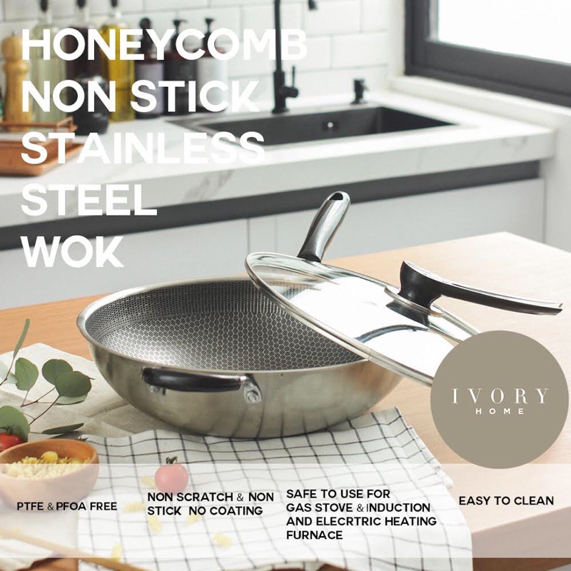 Honeycomb Anti Stick Stainless Steel Wok 34 CM/ Wajan stainless steel anti gores & anti lengket hone