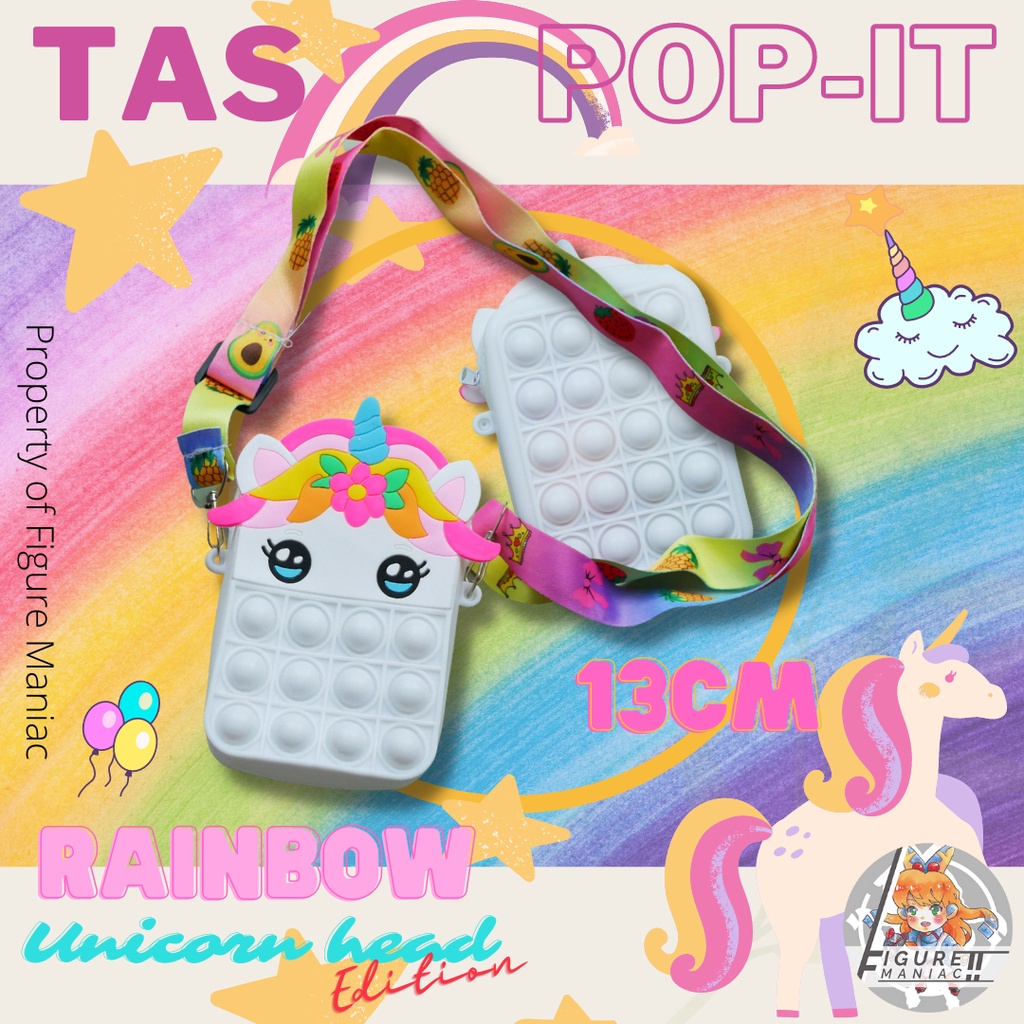 Figure Maniac - Tas Pop It Mini Rainbow Unicorn Head Sling bag edition premium import size 13 cm free tali selempang Tas Anak Tas Handphone Tas Mainan Anak Tas Sekolah