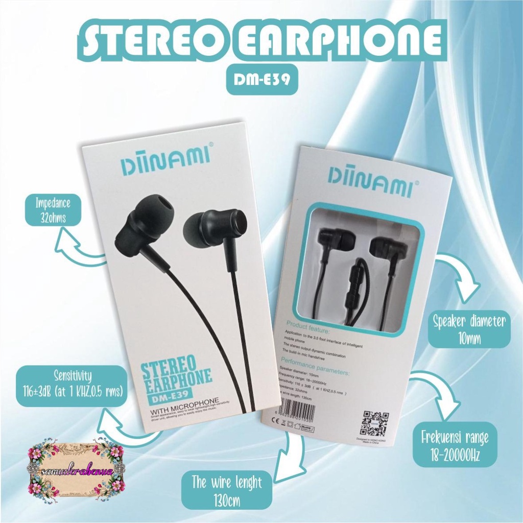 BM031 Headset DIINAMI E39 stereo Earphone Bass Android iPhone Original With MIC - Garansi 1 Tahun SB2583