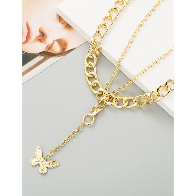 LRC Kalung Fashion Double Thick Chain Butterfly Pendant Necklace P59842