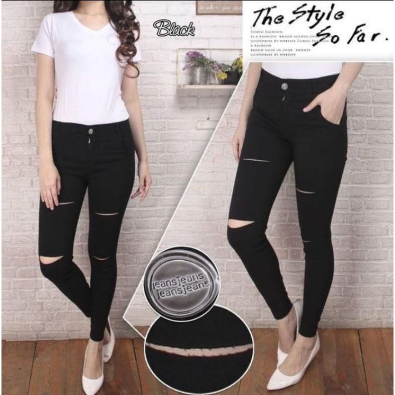 COD,Celana Jeans Sobek Wanita hw Polos Hitam Pinggang Tinggi Terbaru