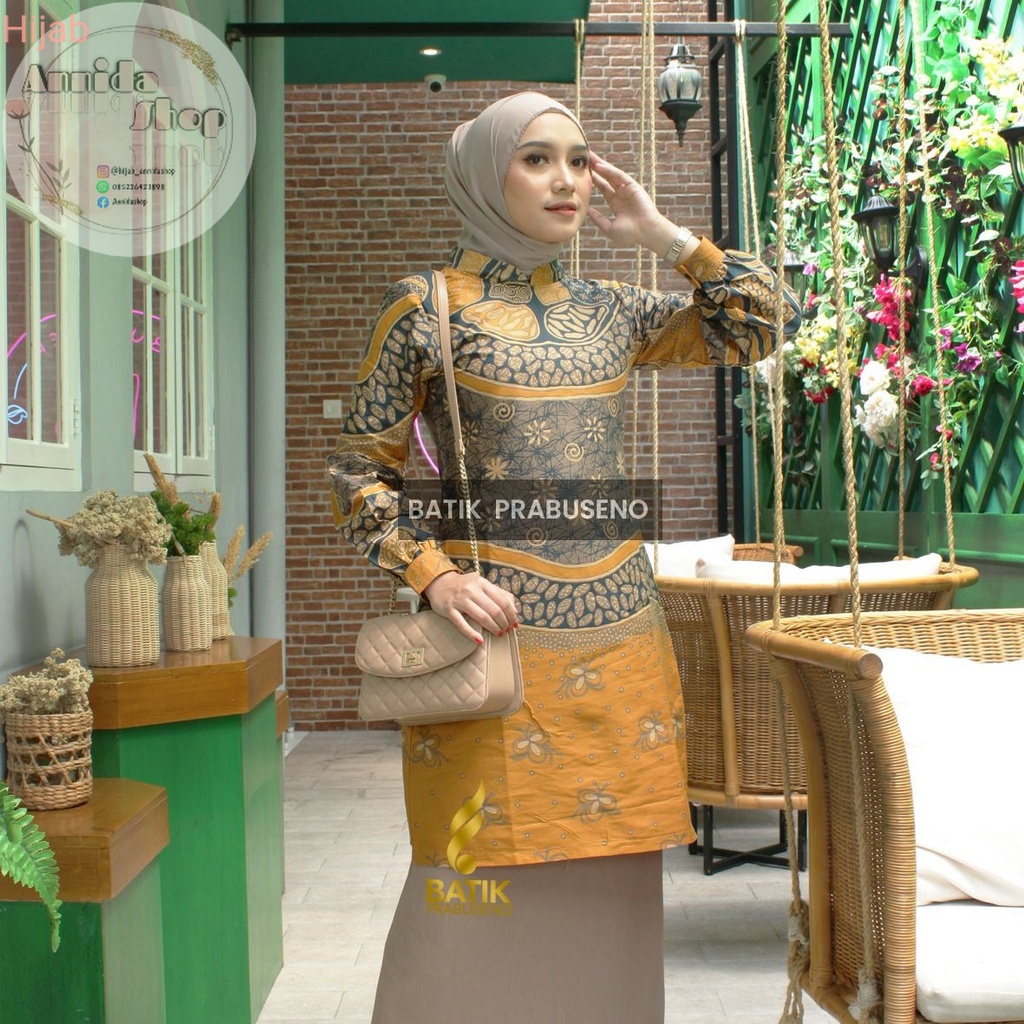 Kemeja atasan Batik Prabuseno - LILI KUNING Tunik Batik Perempuan Lengan Panjang Tradisional