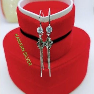 Anting rumbai panjang anak/dewasa daun+italy mata putih perak asli925/Silver lapisan mas putih murni