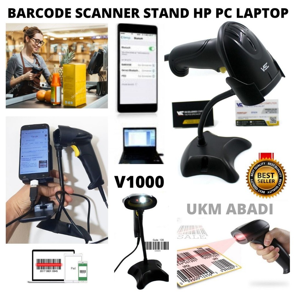 V1000 Barcode Scanner With Stand HP Android Laptop PC Supermarket Gudang Cafe 113173