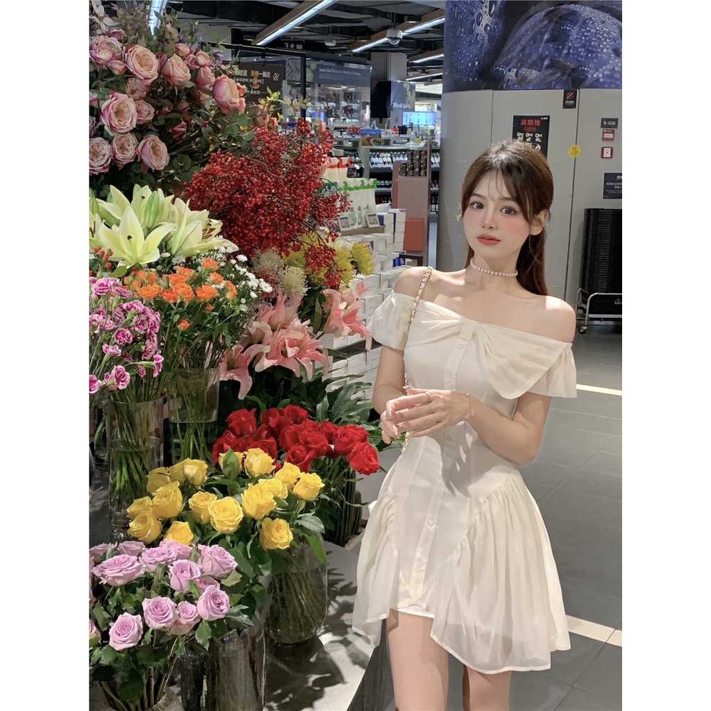 midi dress korea one-shoulder bow dress wanita perancis kecil putih rok pendek a-line