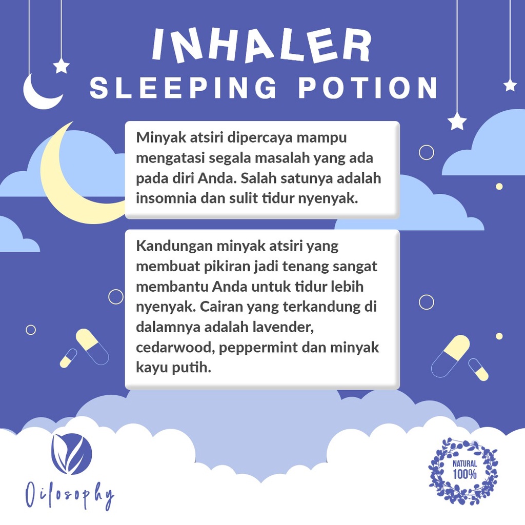 Inhaler Sleeping Potion - Essential Oil Aroma Terapi Ekaliptus Aromatheraphy Lavender Inheler Hidung Minyak Essensial Insomnia Inhaler Obat Susah Tidur Herbal Obat Sulit Tidur Paling Ampuh - Alat Hisap Hidung Penyegar Napas Alat Hirup Pelega Tenggorokan