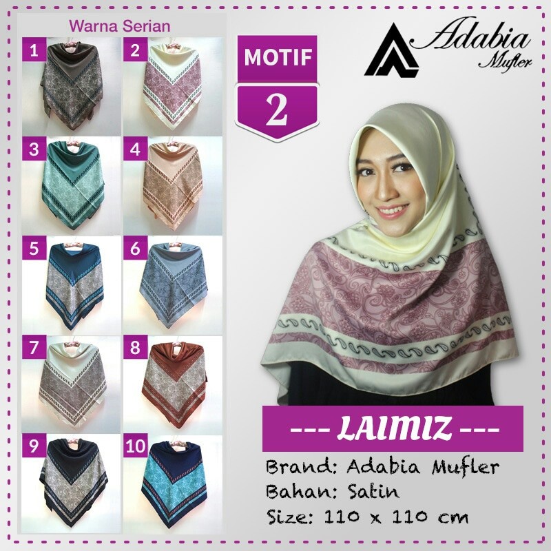Jilbab Segiempat Satin Lamiz Laimiz Motif 2 By Adabia Hijab Scraf
