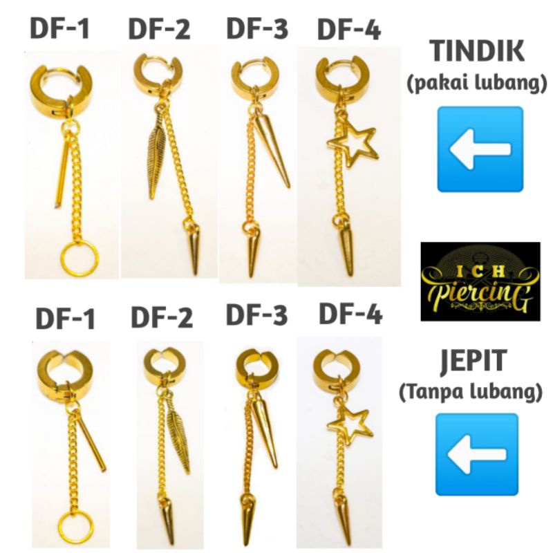 ANTING GANTUNGAN TINDIK DAN JEPIT WARNA GOLD / ANTING TITANIUM / ANTING K-POP / AKSESORIS ANTING / ANTING BTS / ANTING PRIA WANITA Original