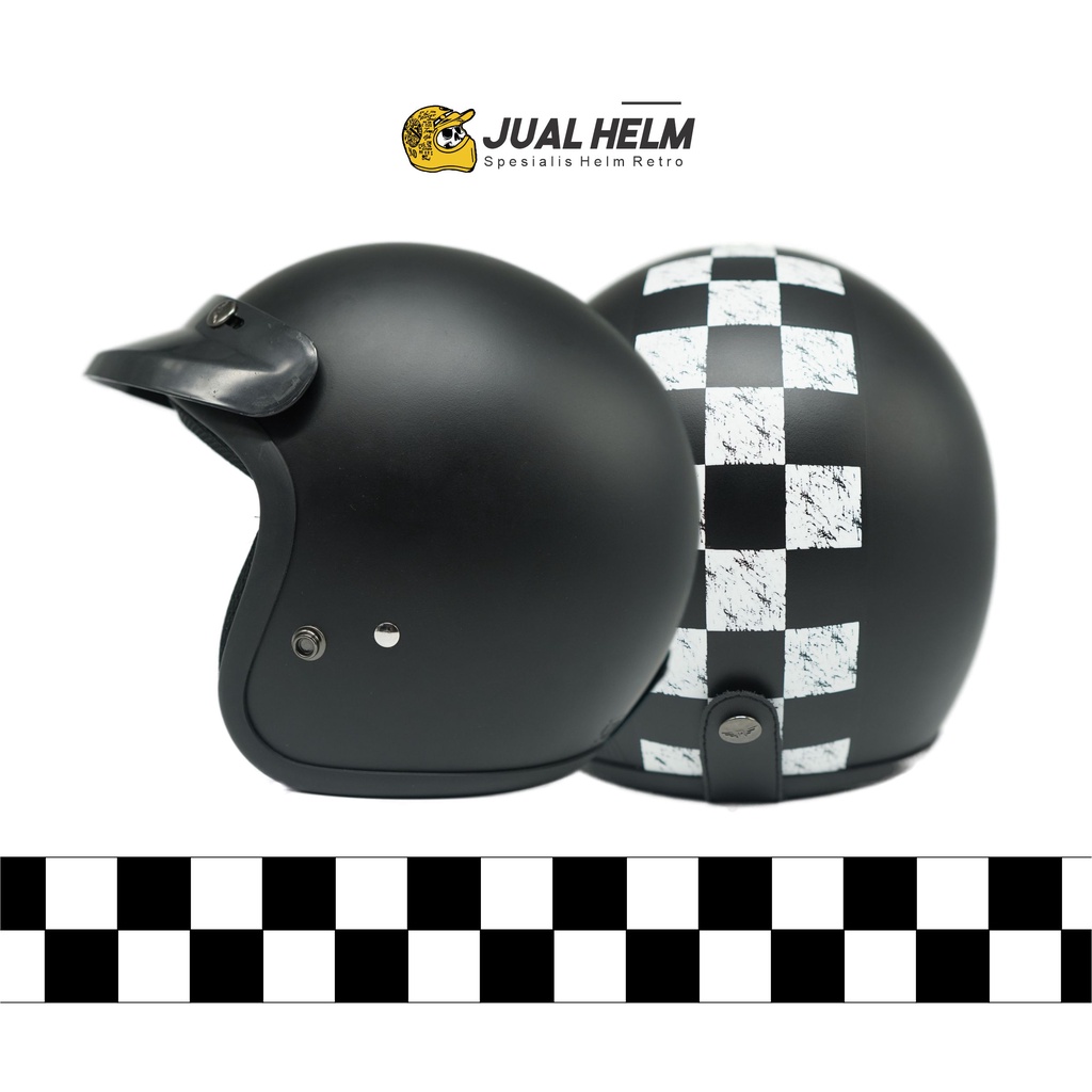 Helm Retro SADA Checkered Black Doff ( Helm Classic / Helm Klasik / Helm Bogo / Helm Vespa )