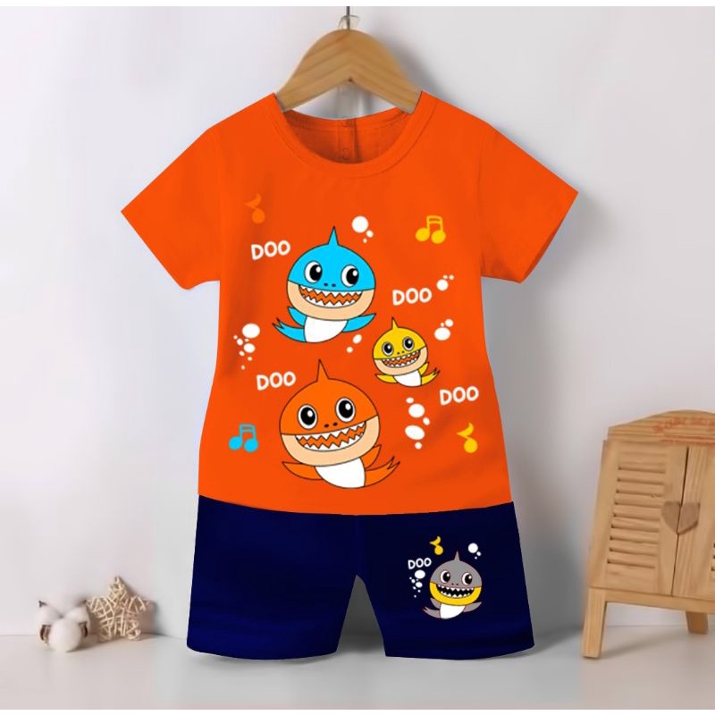 (COD) SETELAN BAJU ANAK COWO DAN CEWE MOTIF BABY SHARK | SETELAN KAOS ANAK COWO DAN CEWE GAMBAR BABY SHARK SIZE 1-7 TAHUN-Orange