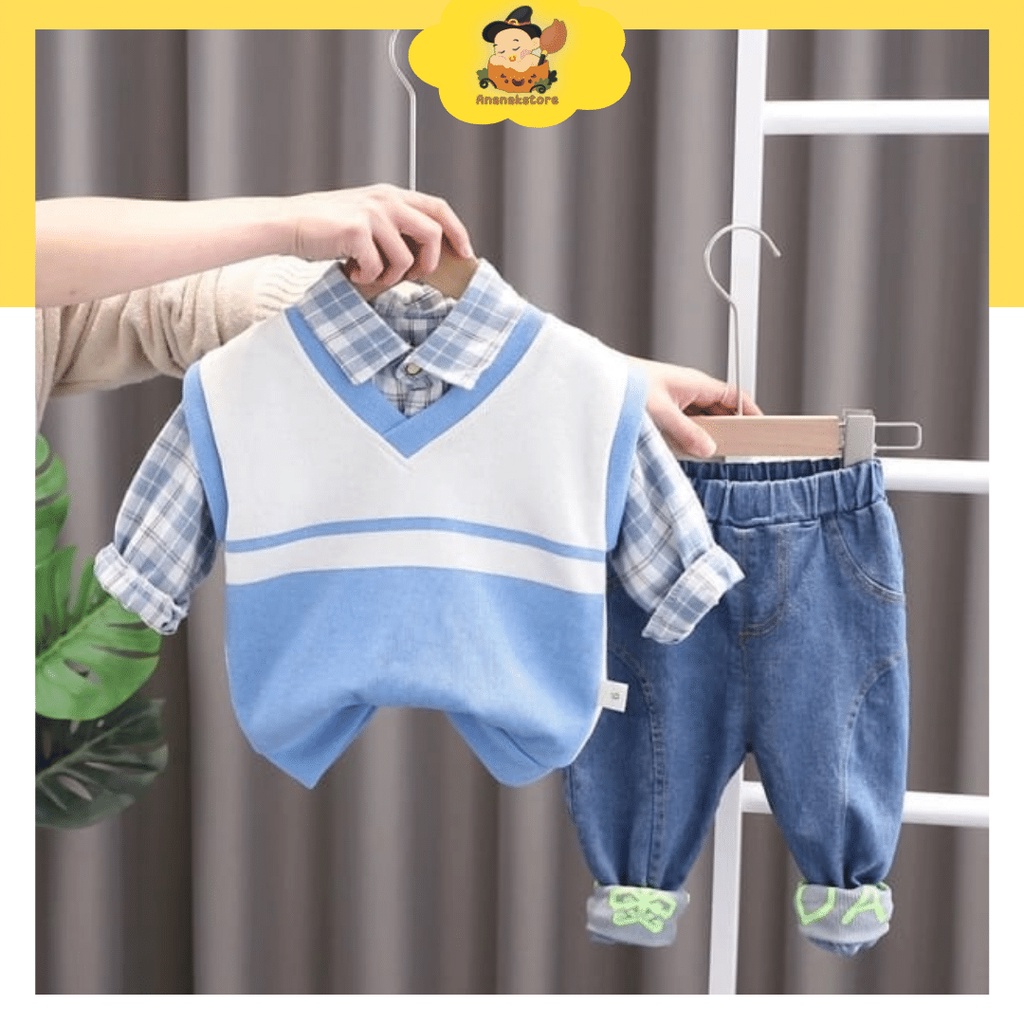 [COD] Setelan anak laki laki impor premium 0-5 Tahun MODEL VEST BIPU 3in1 LUCU /AnanakStore