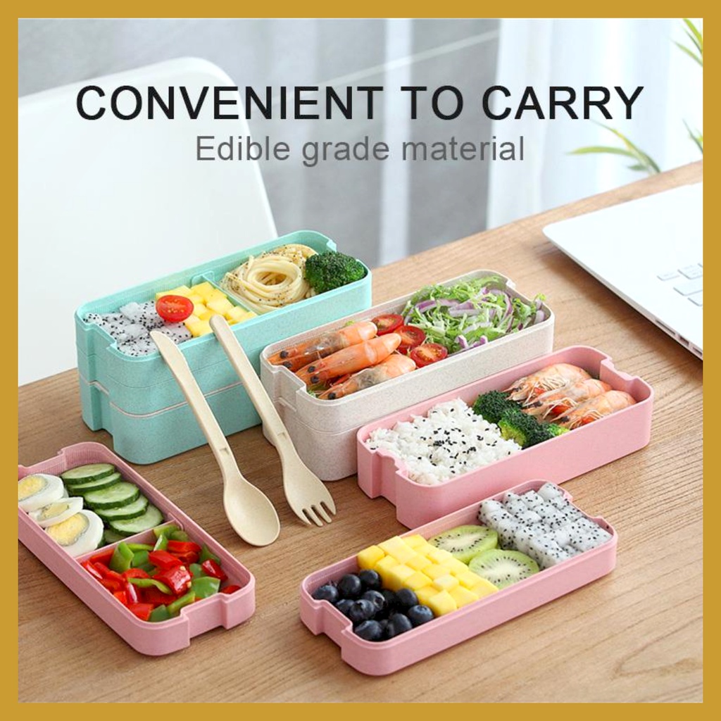 COD Termurah Lunch Box Kotak Makan 2 Susun Lunch Box Anti Tumpah Kotak Bekal Makanan Anak Free Sendok &amp; Garpu GOSHOP88