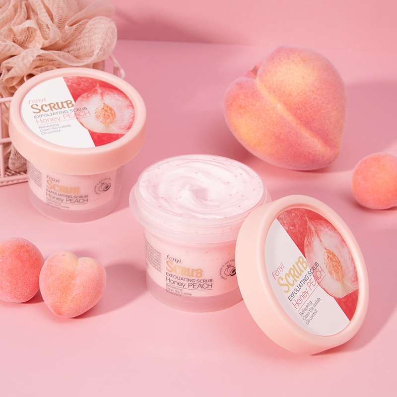 BPOM Fenyi Peach Tender Skin Body Scrub Lembut Krim Pelembab Membersihkan Mengeksfoliasi 100g