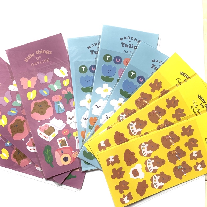 

sticker deco flower & bear — korean sticker decoration bunga tulip dan beruang lucu