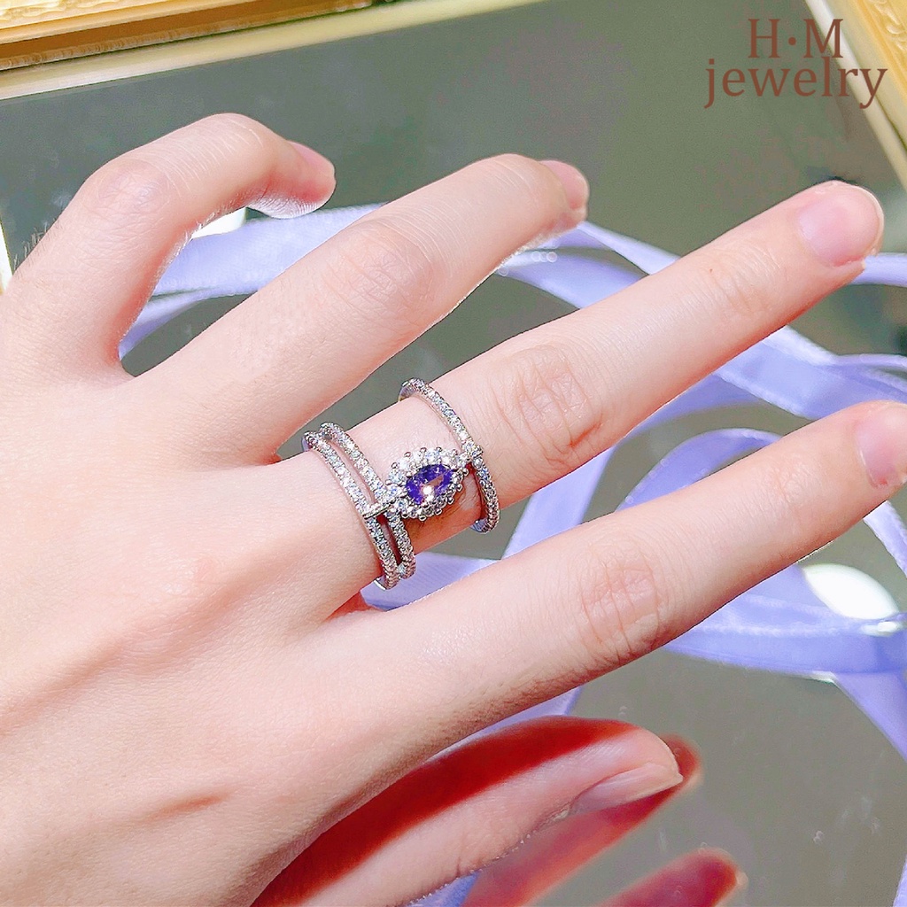 Cincin Model Terbuka Dua Lapis Aksen Batu Permata Ungu Bentuk Tetesan Air