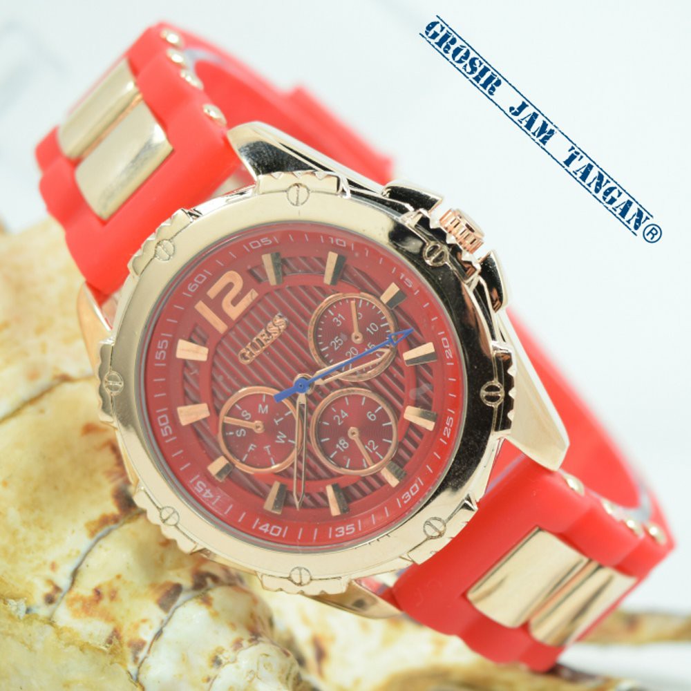 JAM TANGAN WANITA GUESS RUBBER (MERAH) PERSIS ORIGINAL ELEGAN HARGA GROSIR