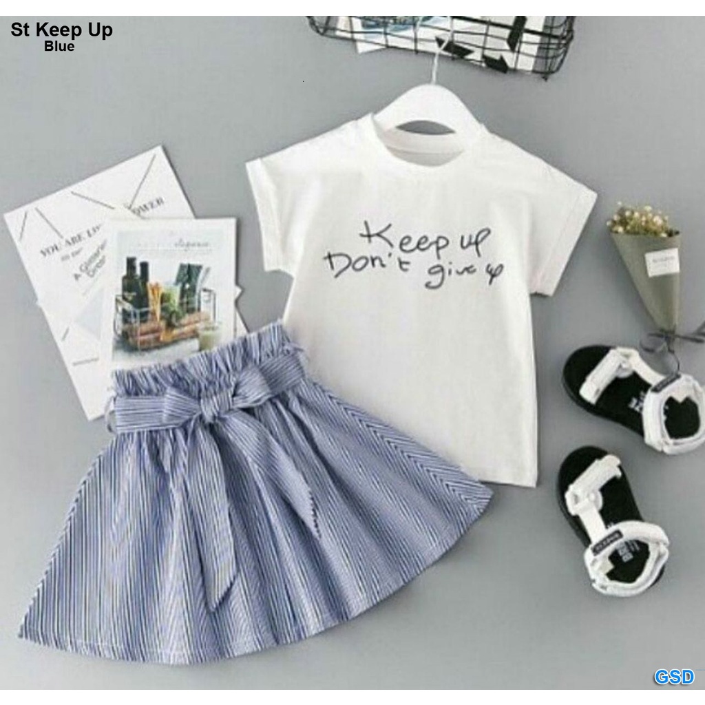 St Keep Up/Setelan Rok Anak/Pakaian OOTD Anak Perempuan Kaos Dan Rok Salur Best Seller