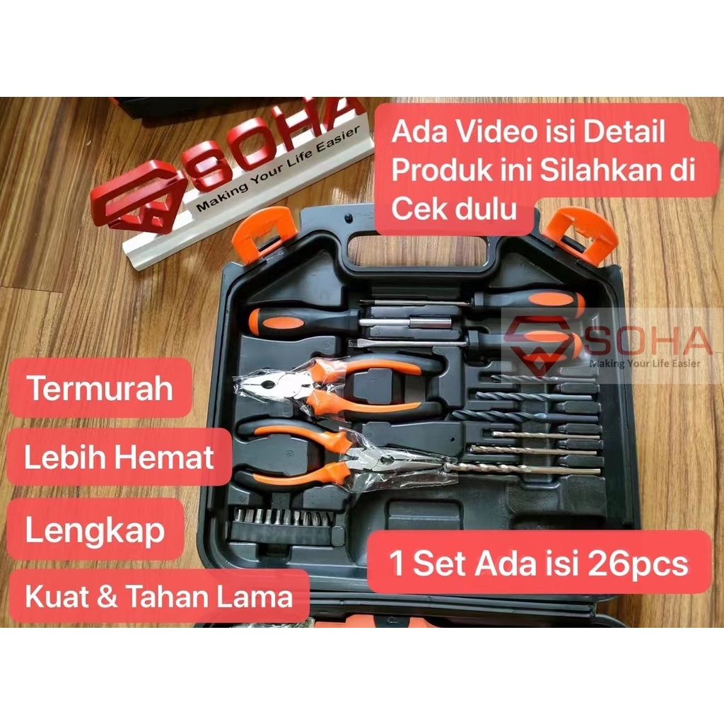 ART-038 SOHA Bor Listrik Paket Lengkap 26 Pcs Box Kotak Alat Perkakas Bor Listrik Mata Bor &amp; Palu Obeng Tools Mekanik &amp; Rumah Tangga