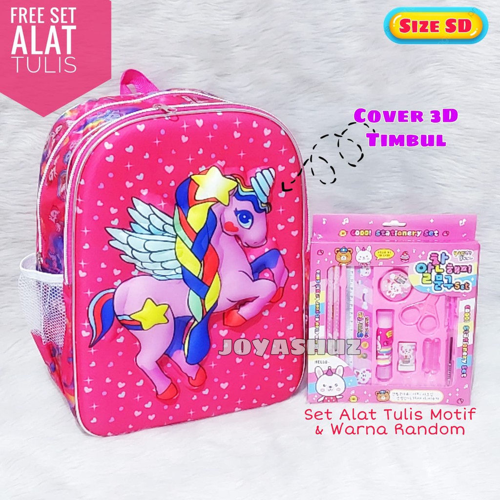 Tas Sekolah Anak Unicorn 3 Dimensi Gratis Set Alat Tulis / Ransel Unicorn / Tas Karakter Anak