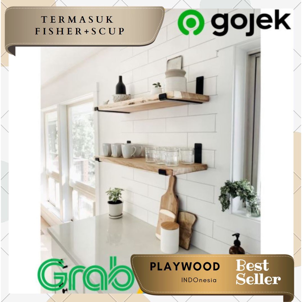 PlayWood - Rak gantung besi kayu simple minimalis / ambalan kayu bracket besi / ambalan kayu besi