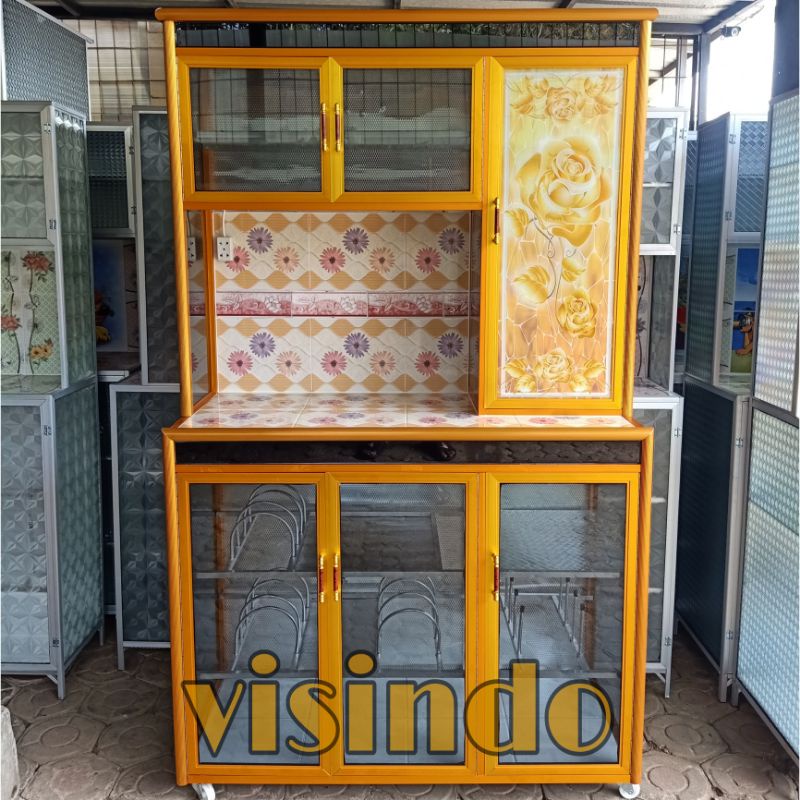 RAK PIRING ALUMINIUM GOLD KACA LUKIS 3 PINTU KAKI RODA