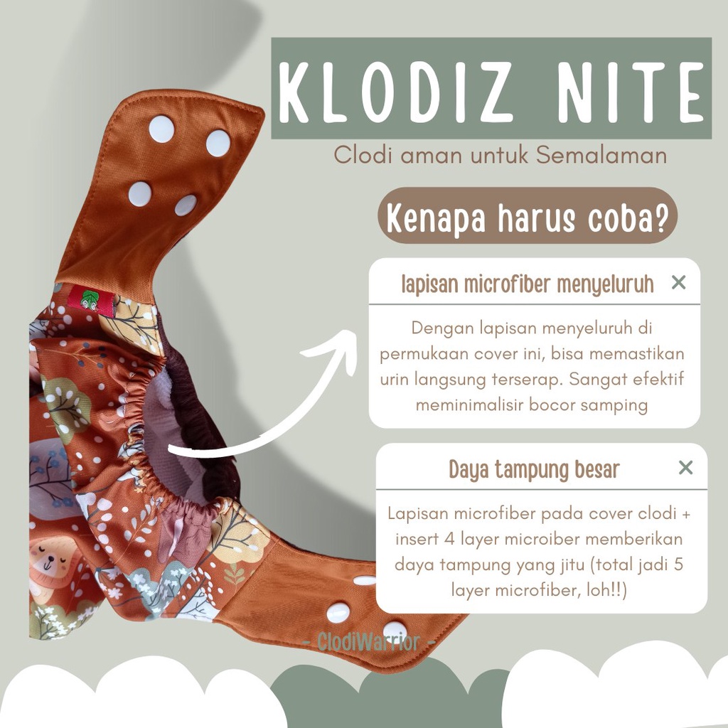 Klodiz Nite Polos Clodi Allsize Untuk Malam Hari Type Pocket Insert Long Popok Kain SNI