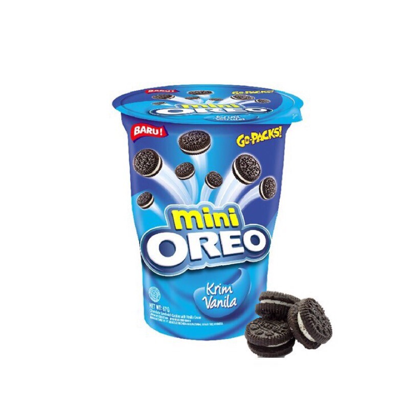 

Oreo Mini Vanilla 61.3gr biskuit kemasan cup travel oreo varian kecil terbaru