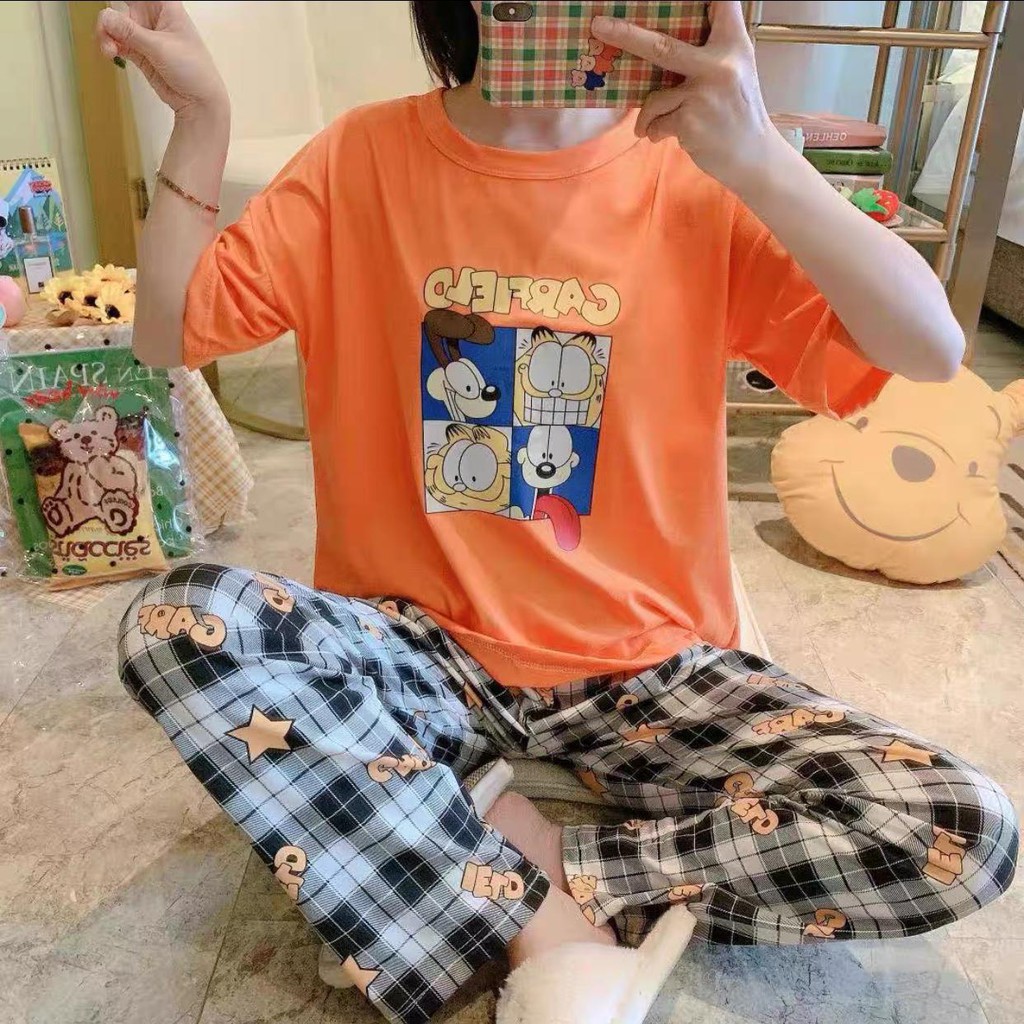 Baju Tidur Piyama Set/Piyama Wanita Import/Baju Piyama Motif Kartun/Woman Sleep Wear-P10-Oren Garfield
