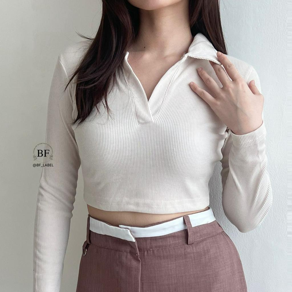 Isabel Top 2180 | Long Sleeve Polo Crop | Atasan Wanita Kaos Knit by @bf_label