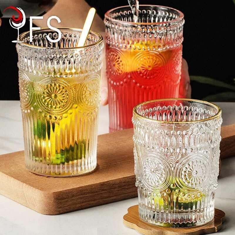 Gelas Retro Embossed Sun Flower Cup 300ml - CLO469 - Transparent