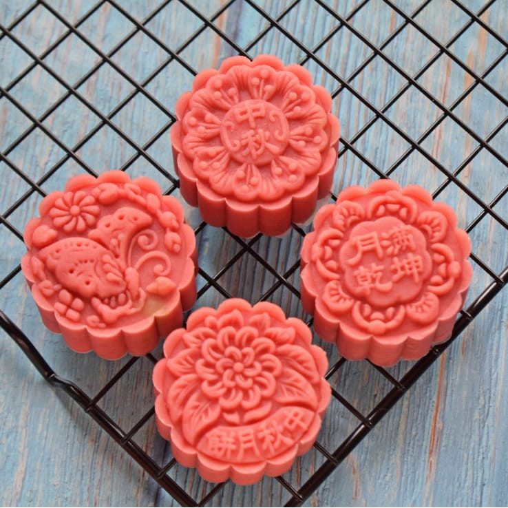 (4pc) cetakan kue bulan 2020 (100gr) mooncake press mold PREMIUM - FLOWER RED