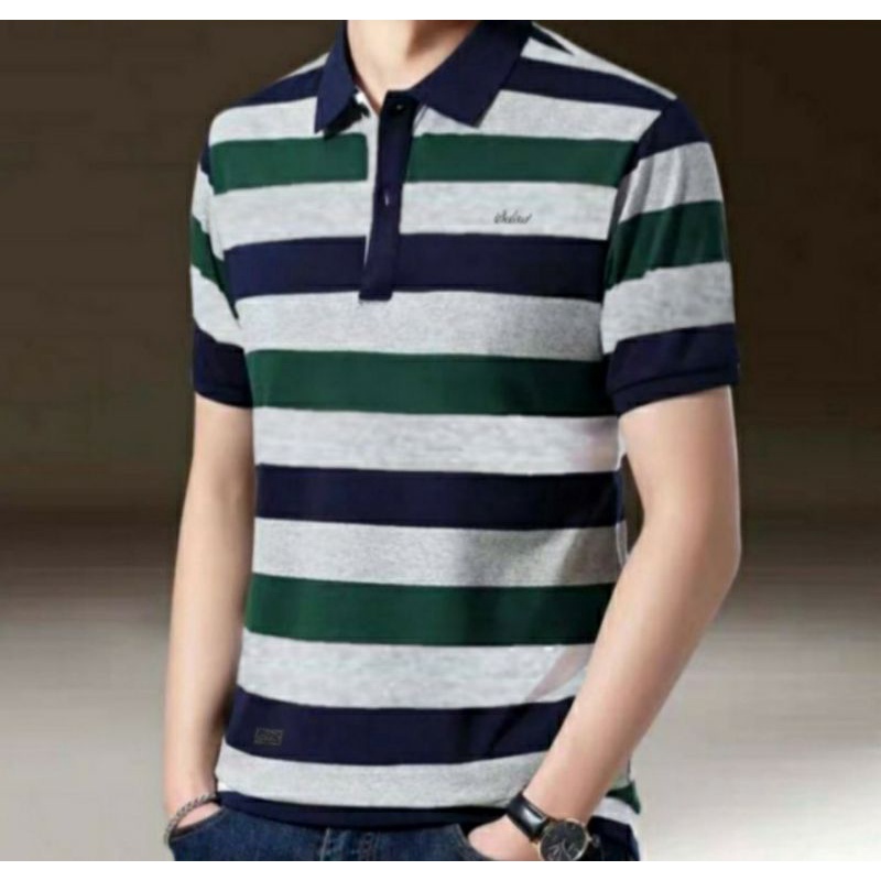 kaos kerah polos shirt pria lengan pendek abu salur hijau | kaos kerah pria shirt