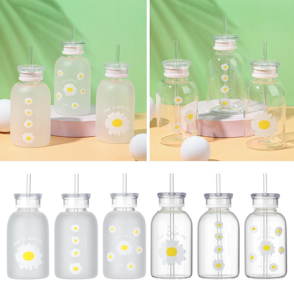 Suyo Botol Minum Dengan Sedotan Motif Bunga Daisy Frosted