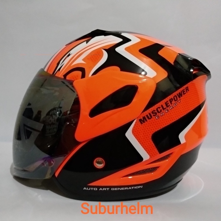 HELM  GM  FIGHTER  SE MUSCLE  POWER  ORANGE FLOURECENT BLACK   HALF FACE  SINGLE VISOR