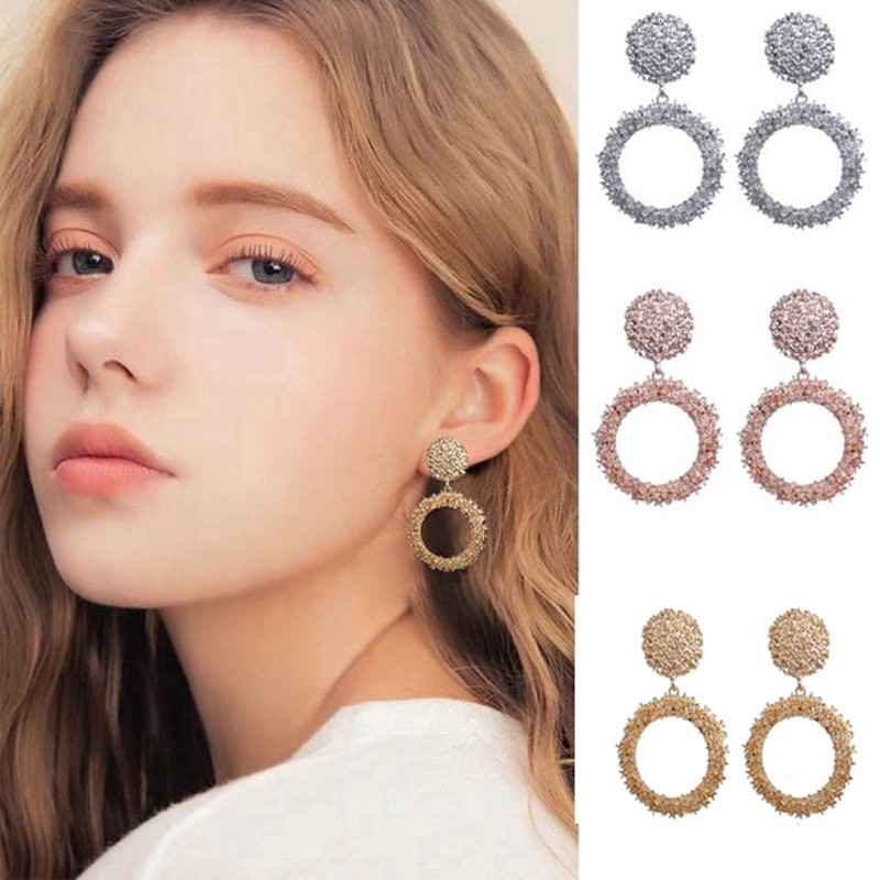 Anting Korea Retro Paduan Logam Putaran Oval Earrings Anting Wanita Bohemian