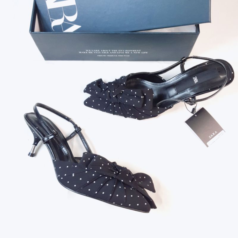 Zara Polkadot Slingback Kitten Heels with Ribbon