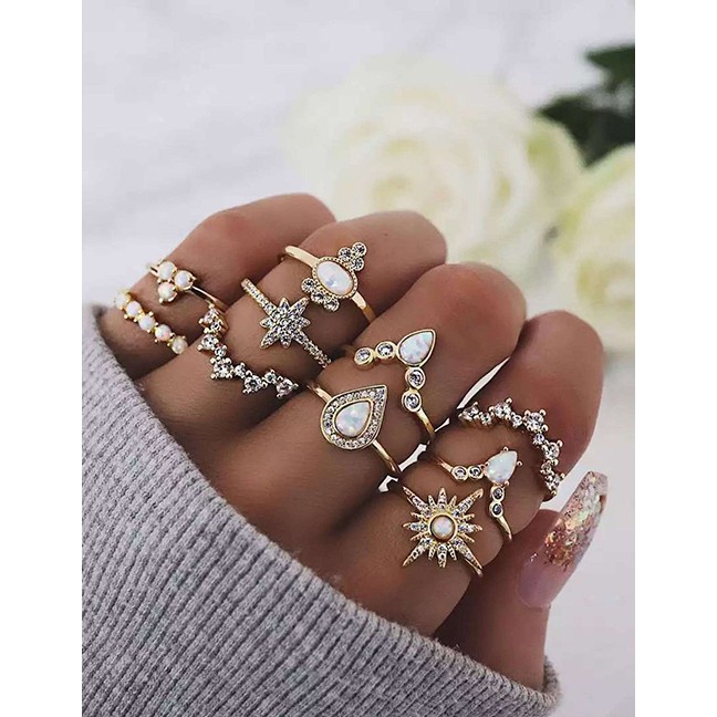 LRC Cincin Set Fashion Gold Star Droplet Diamond Protein Ring Set Of 10 F53200