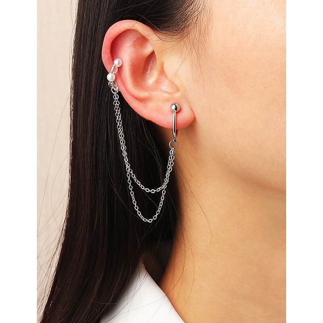 LRC Anting Tusuk Fashion Silver Color C-shaped Pearl Chain P84173