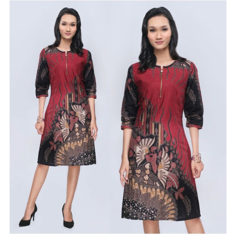 Dress Batik Jumbo Modern 4L 5L Tunik Big Size XXXXL Lengan ¾ Batik Seragam Kerja Wanita VVK