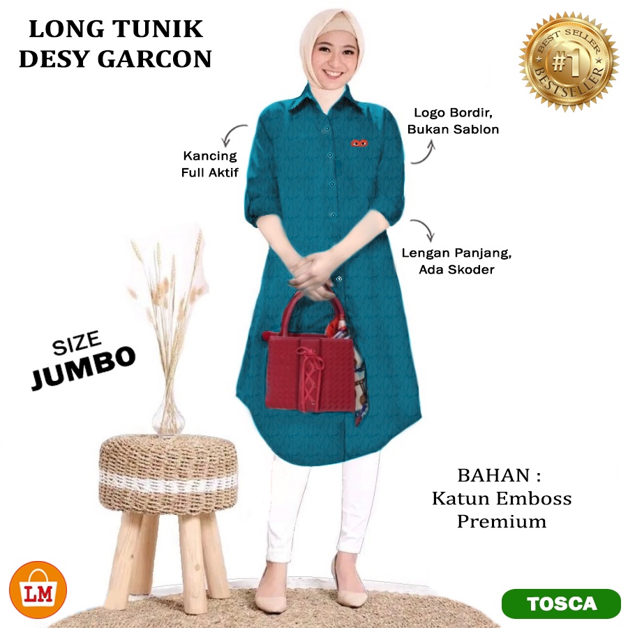 Baju Atasan Tunik Wanita Muslim LONG TUNIC DESY GARCON JUMBO Bahan Katun Emboss Premium Size XL-XXL / 19652 19655